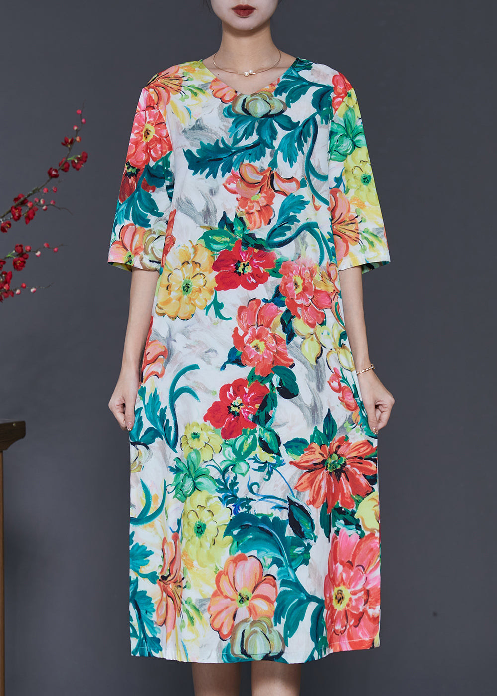 French V Neck Floral Print Silk Dress Half Sleeve SD1035 Ada Fashion