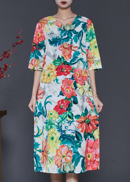 French V Neck Floral Print Silk Dress Half Sleeve SD1035 Ada Fashion