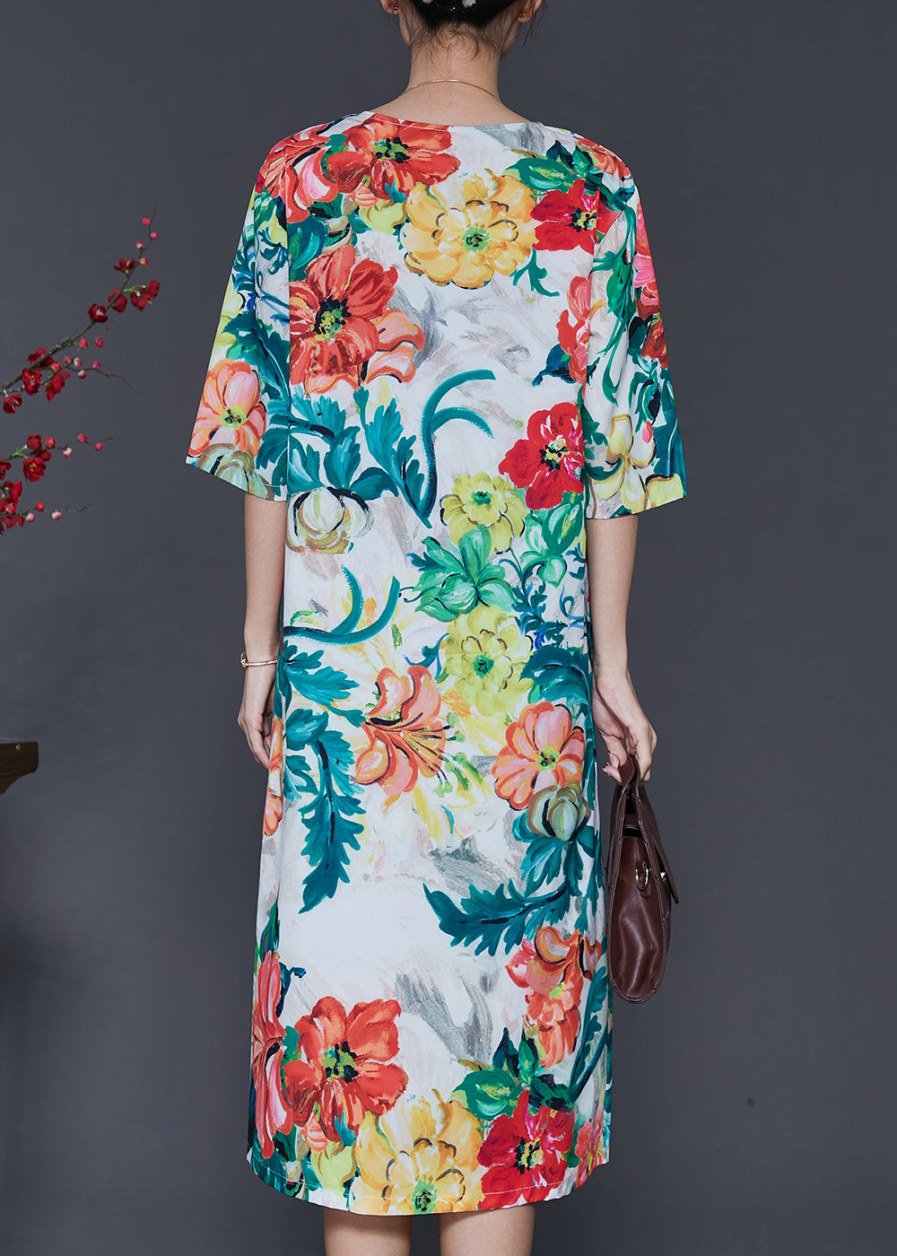 French V Neck Floral Print Silk Dress Half Sleeve SD1035 Ada Fashion
