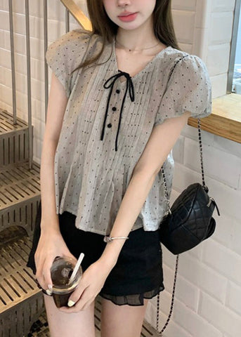 V Neck French Top Up Puff Sleeve Lace Cotton Wrinkled FashionChic