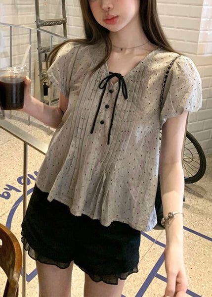 V Neck French Top Up Puff Sleeve Lace Cotton Wrinkled FashionChic