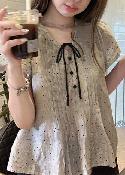 V Neck French Top Up Puff Sleeve Lace Cotton Wrinkled FashionChic