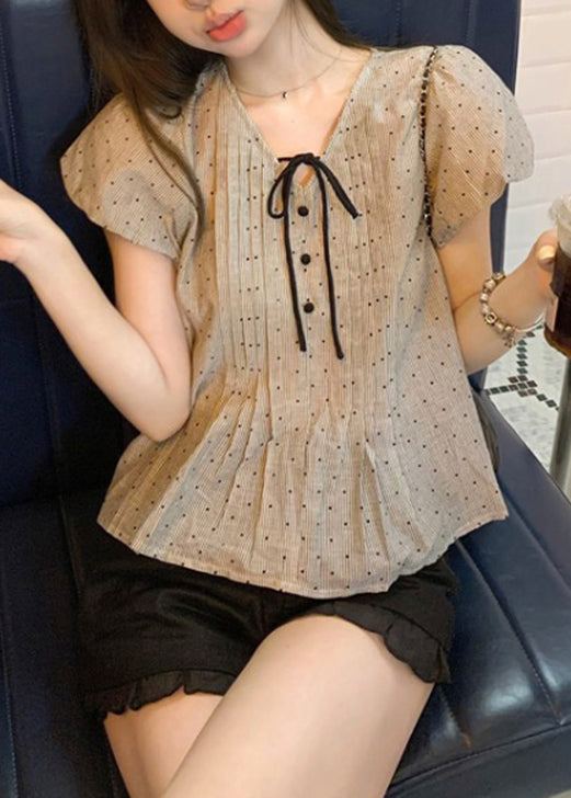 V Neck French Top Up Puff Sleeve Lace Cotton Wrinkled FashionChic