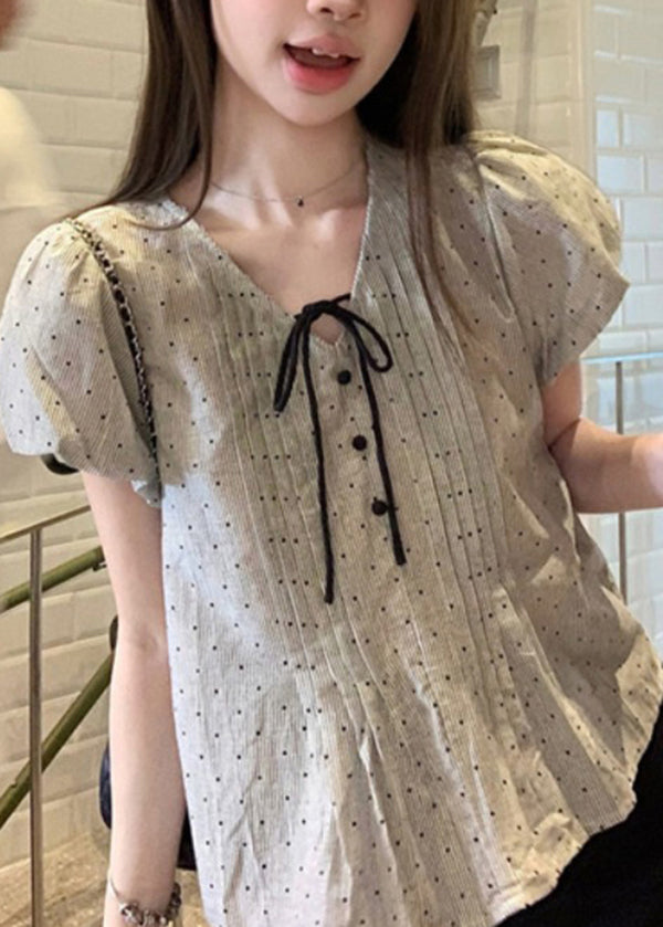 V Neck French Top Up Puff Sleeve Lace Cotton Wrinkled FashionChic
