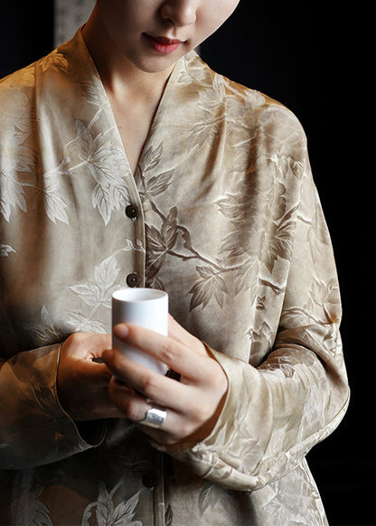 French V Shirts Fall Dresses Neck Button Silk Print FashionChic