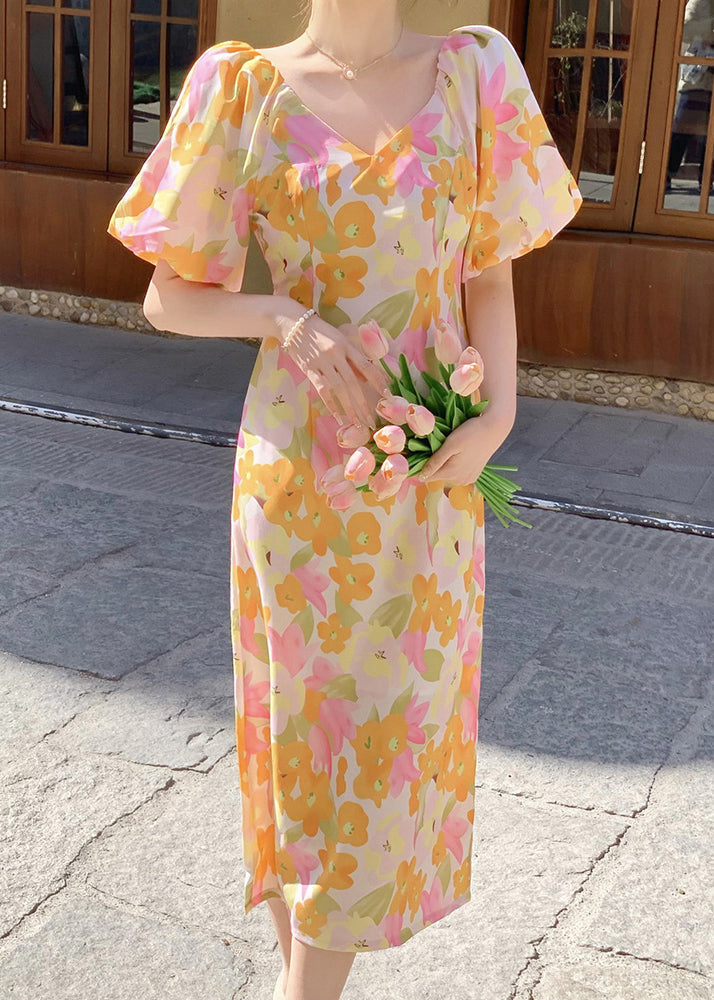 French V Neck Print Side Open Cotton Long Dress Summer XX050 SH-LF-SDL240611