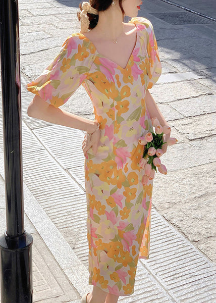 French V Neck Print Side Open Cotton Long Dress Summer XX050 SH-LF-SDL240611