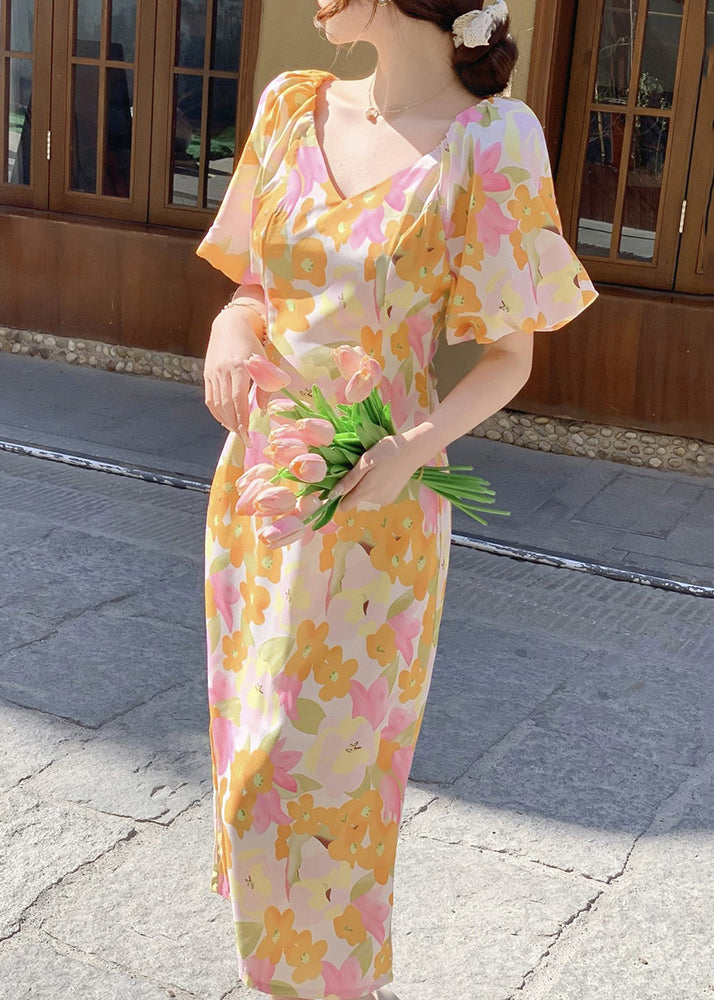 French V Neck Print Side Open Cotton Long Dress Summer XX050 SH-LF-SDL240611