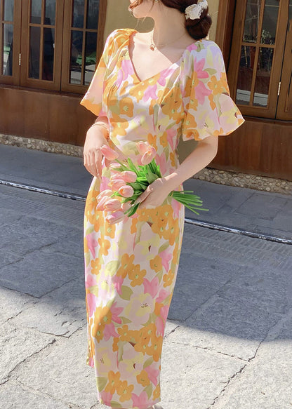 French V Neck Print Side Open Cotton Long Dress Summer XX050 SH-LF-SDL240611