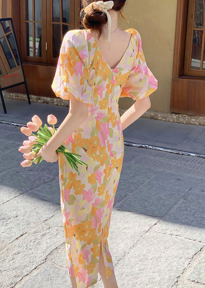 French V Neck Print Side Open Cotton Long Dress Summer XX050 SH-LF-SDL240611