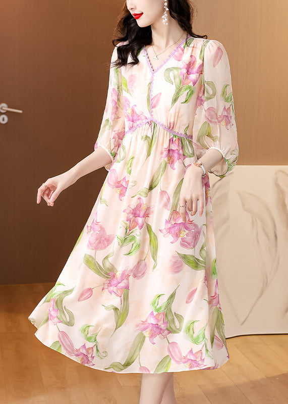 French V Neck Print Silk Dresses Lantern Sleeve BB013 Hawaii-SDL240622