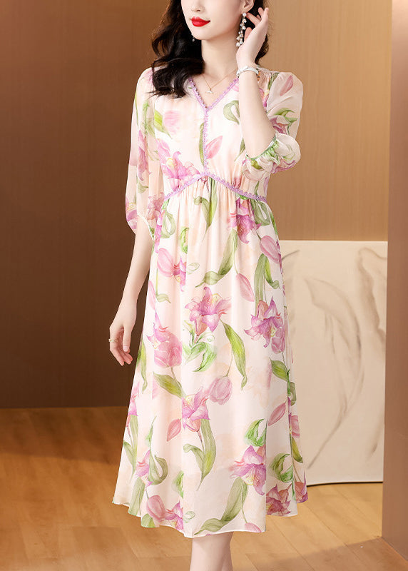 French V Neck Print Silk Dresses Lantern Sleeve BB013 Hawaii-SDL240622
