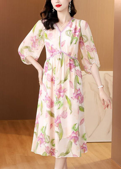 French V Neck Print Silk Dresses Lantern Sleeve BB013 Hawaii-SDL240622