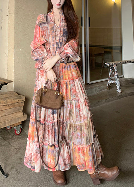 Waistcoat French Dress Print Flare Two Pieces And V Maxi Set Neck FashionChic