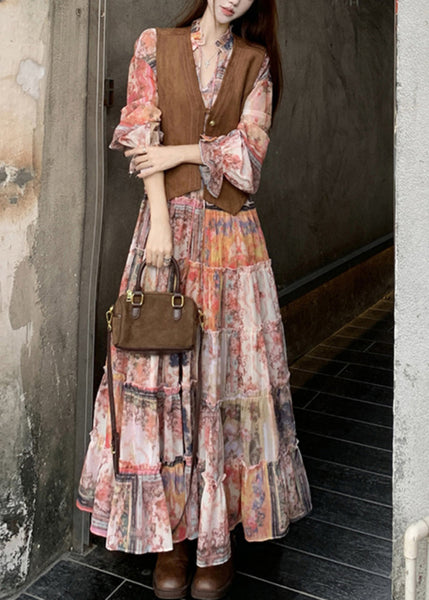 Waistcoat French Dress Print Flare Two Pieces And V Maxi Set Neck FashionChic
