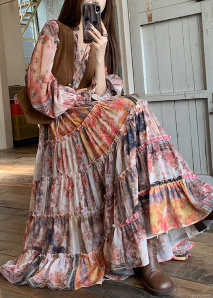 Waistcoat French Dress Print Flare Two Pieces And V Maxi Set Neck FashionChic