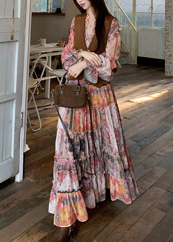 Waistcoat French Dress Print Flare Two Pieces And V Maxi Set Neck FashionChic