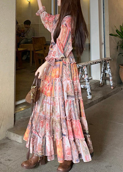 Waistcoat French Dress Print Flare Two Pieces And V Maxi Set Neck FashionChic