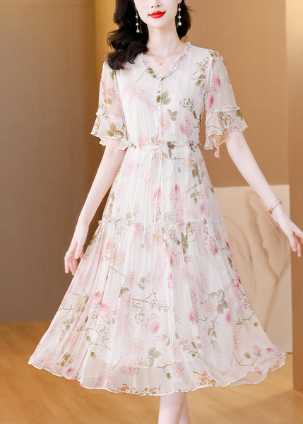 French V Neck Ruffled Print Lace Up Silk Dress Summer BB021 Hawaii-SDL240622