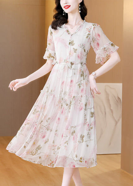 French V Neck Ruffled Print Lace Up Silk Dress Summer BB021 Hawaii-SDL240622