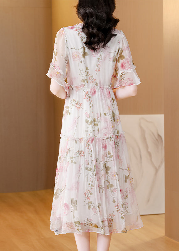 French V Neck Ruffled Print Lace Up Silk Dress Summer BB021 Hawaii-SDL240622