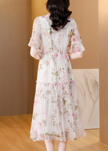 French V Neck Ruffled Print Lace Up Silk Dress Summer BB021 Hawaii-SDL240622