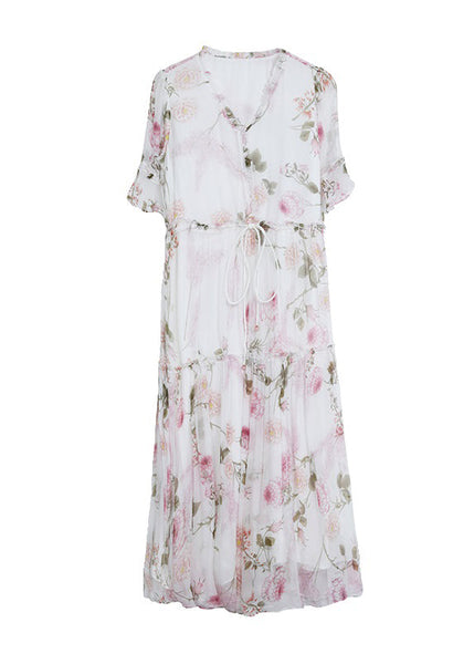 French V Neck Ruffled Print Lace Up Silk Dress Summer BB021 Hawaii-SDL240622