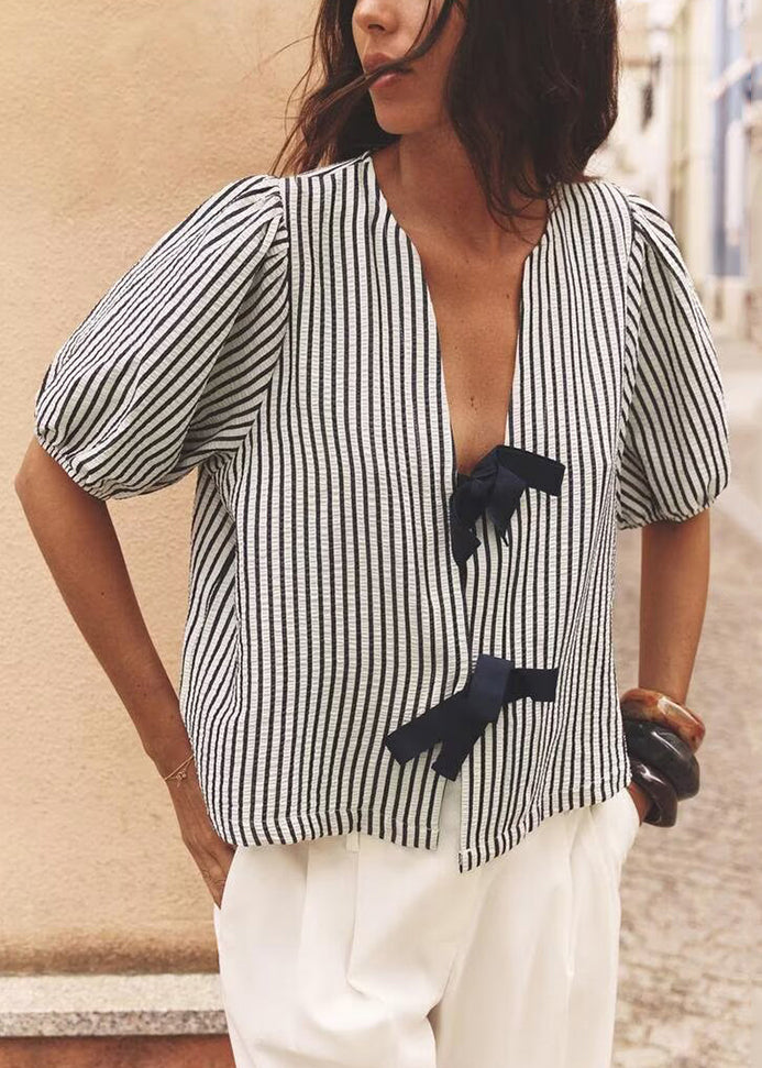 Neck Bow French Shirt V Summer Striped Cotton FashionChic