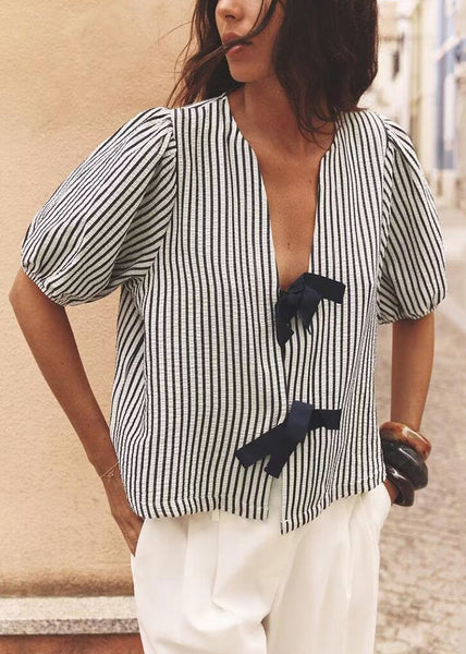 Neck Bow French Shirt V Summer Striped Cotton FashionChic