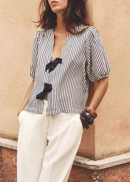 Neck Bow French Shirt V Summer Striped Cotton FashionChic