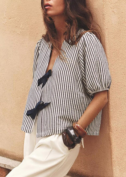 Neck Bow French Shirt V Summer Striped Cotton FashionChic