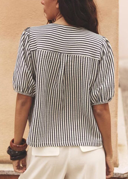Neck Bow French Shirt V Summer Striped Cotton FashionChic