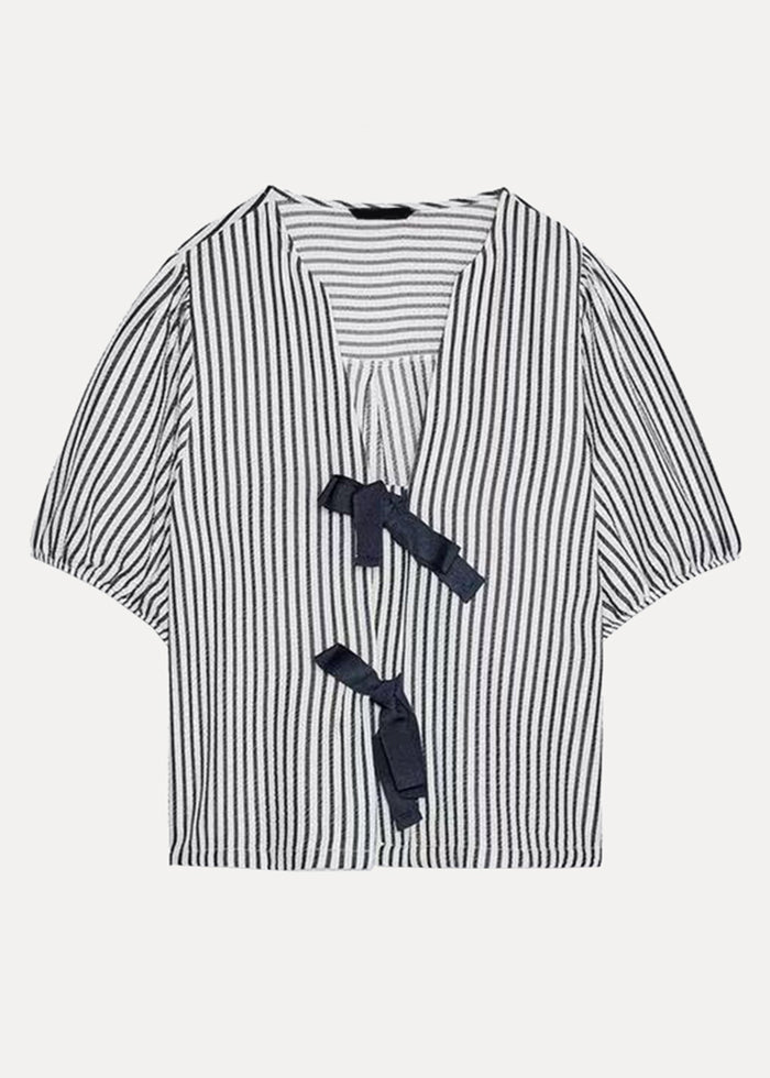 Neck Bow French Shirt V Summer Striped Cotton FashionChic
