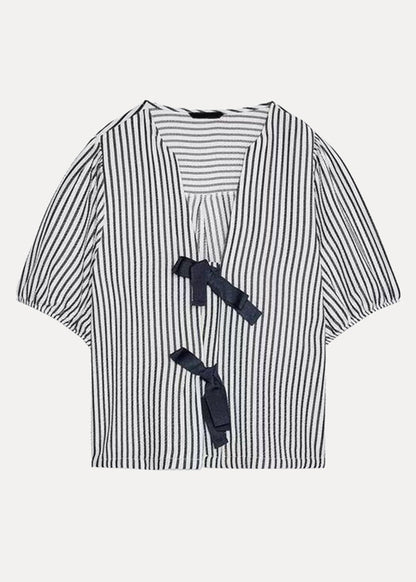 Neck Bow French Shirt V Summer Striped Cotton FashionChic
