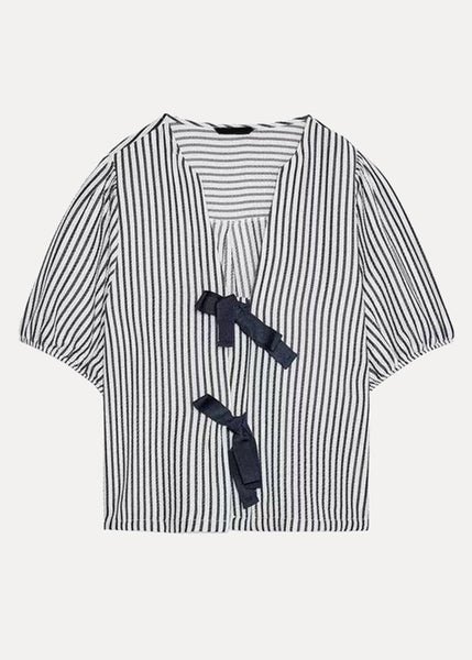 Neck Bow French Shirt V Summer Striped Cotton FashionChic