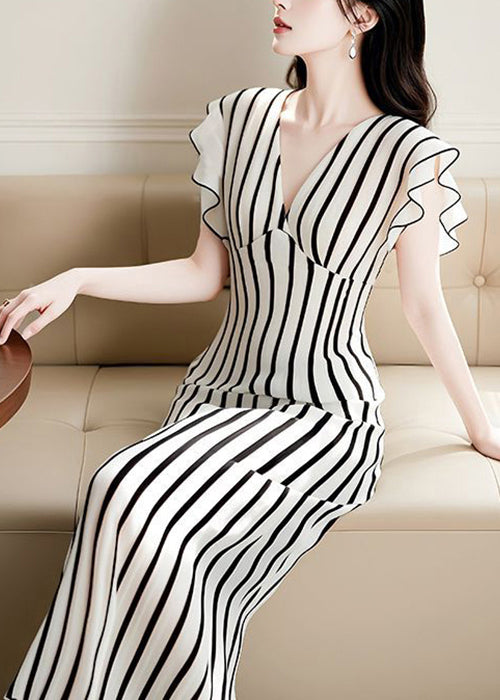 High Dress Waist Chiffon Summer V French Striped Neck FashionChic