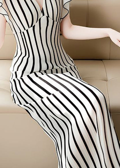 High Dress Waist Chiffon Summer V French Striped Neck FashionChic