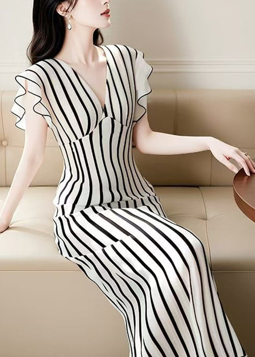 High Dress Waist Chiffon Summer V French Striped Neck FashionChic