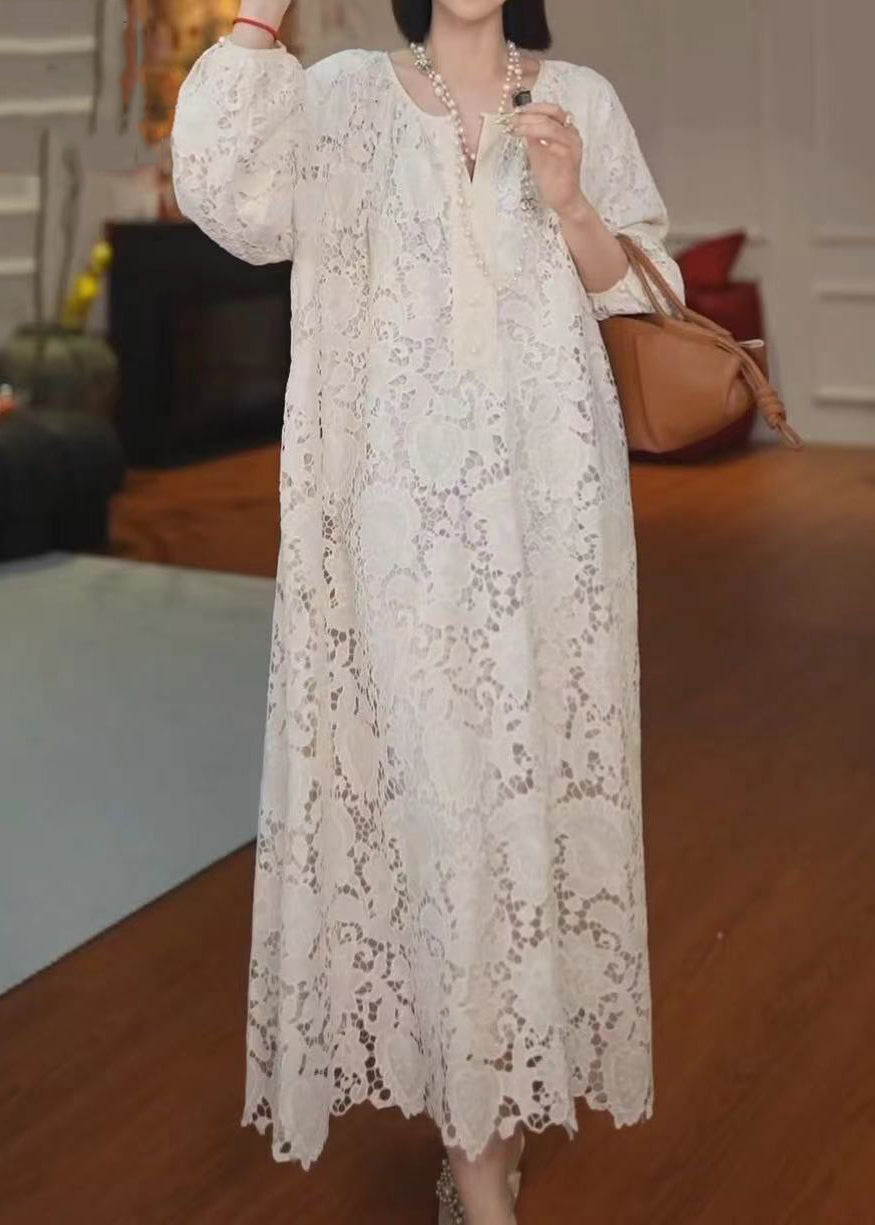 French Versatile Beige Hollow Out Lace Long Dress Summer ZL001 SH-LF-FDL240621