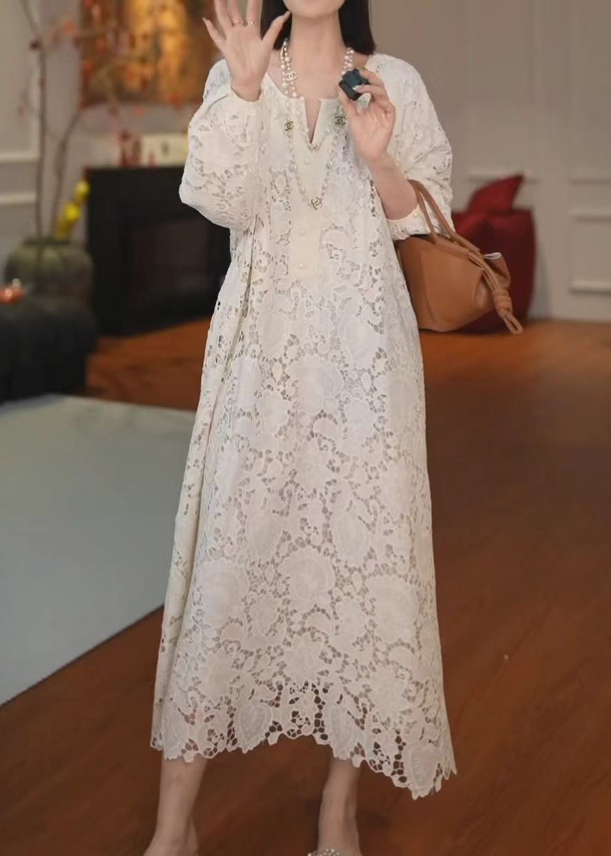 French Versatile Beige Hollow Out Lace Long Dress Summer ZL001 SH-LF-FDL240621