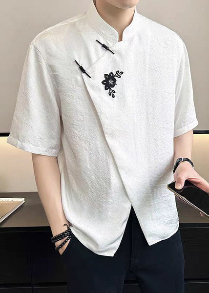 Cotton Embroideried French T Summer Mens Asymmetrical White Shirt FashionChic