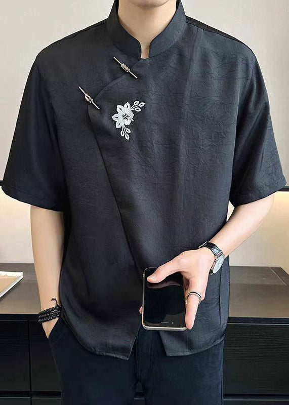 Cotton Embroideried French T Summer Mens Asymmetrical White Shirt FashionChic