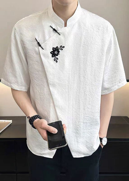Cotton Embroideried French T Summer Mens Asymmetrical White Shirt FashionChic