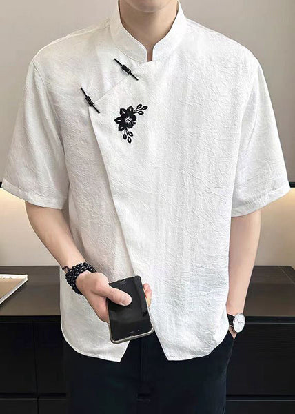 Cotton Embroideried French T Summer Mens Asymmetrical White Shirt FashionChic