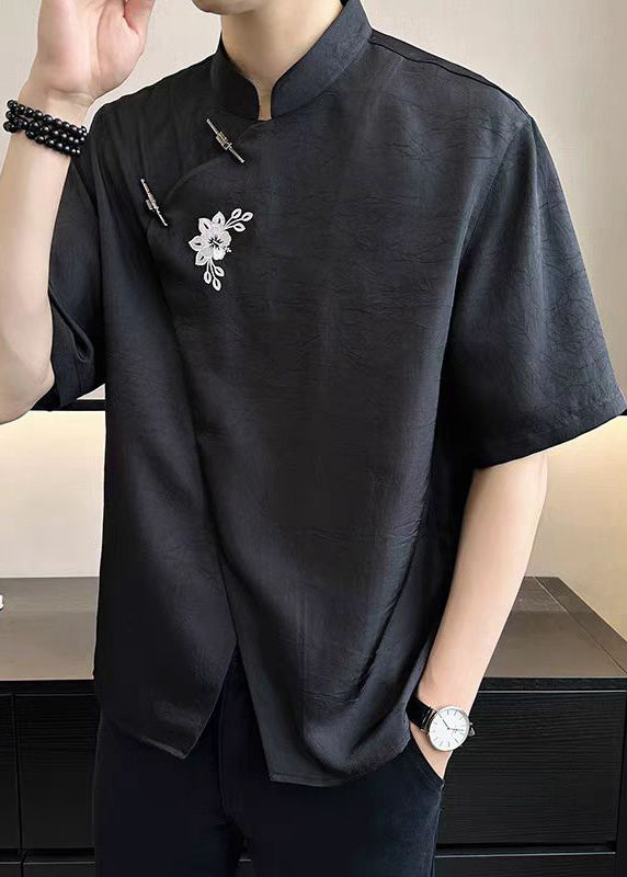 Cotton Embroideried French T Summer Mens Asymmetrical White Shirt FashionChic