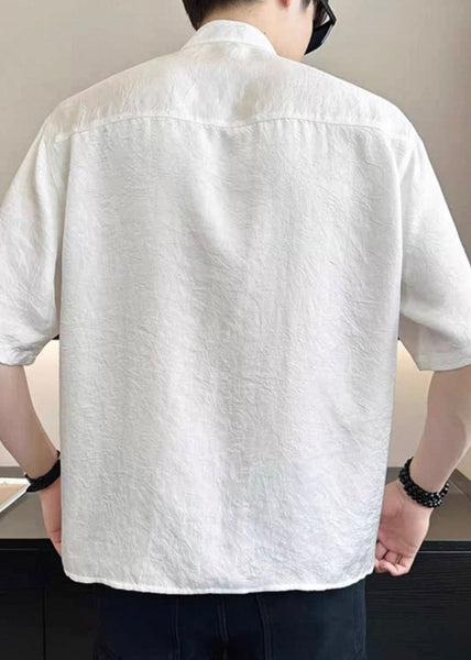 Cotton Embroideried French T Summer Mens Asymmetrical White Shirt FashionChic