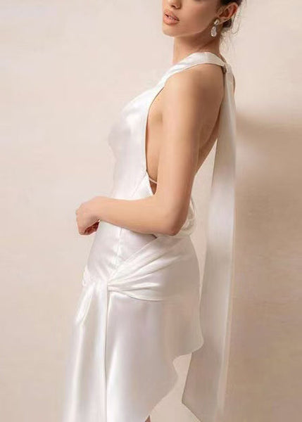 White Summer Mini Silk Asymmetrical French Dresses Floral FashionChic