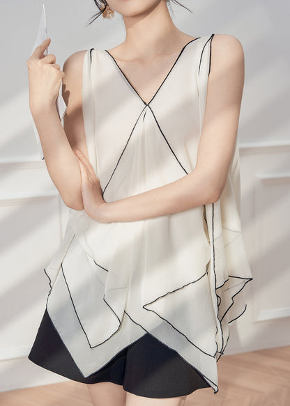 White Asymmetrical Sleeveless French Tops Chiffon Patchwork FashionChic