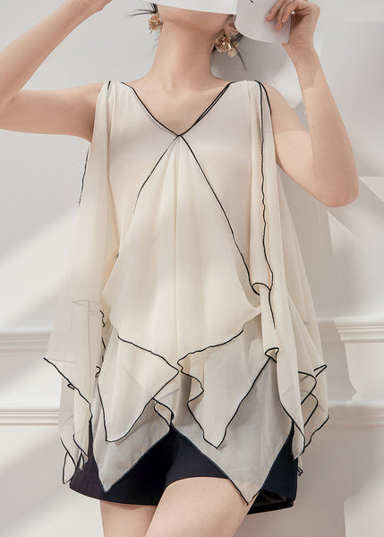 White Asymmetrical Sleeveless French Tops Chiffon Patchwork FashionChic