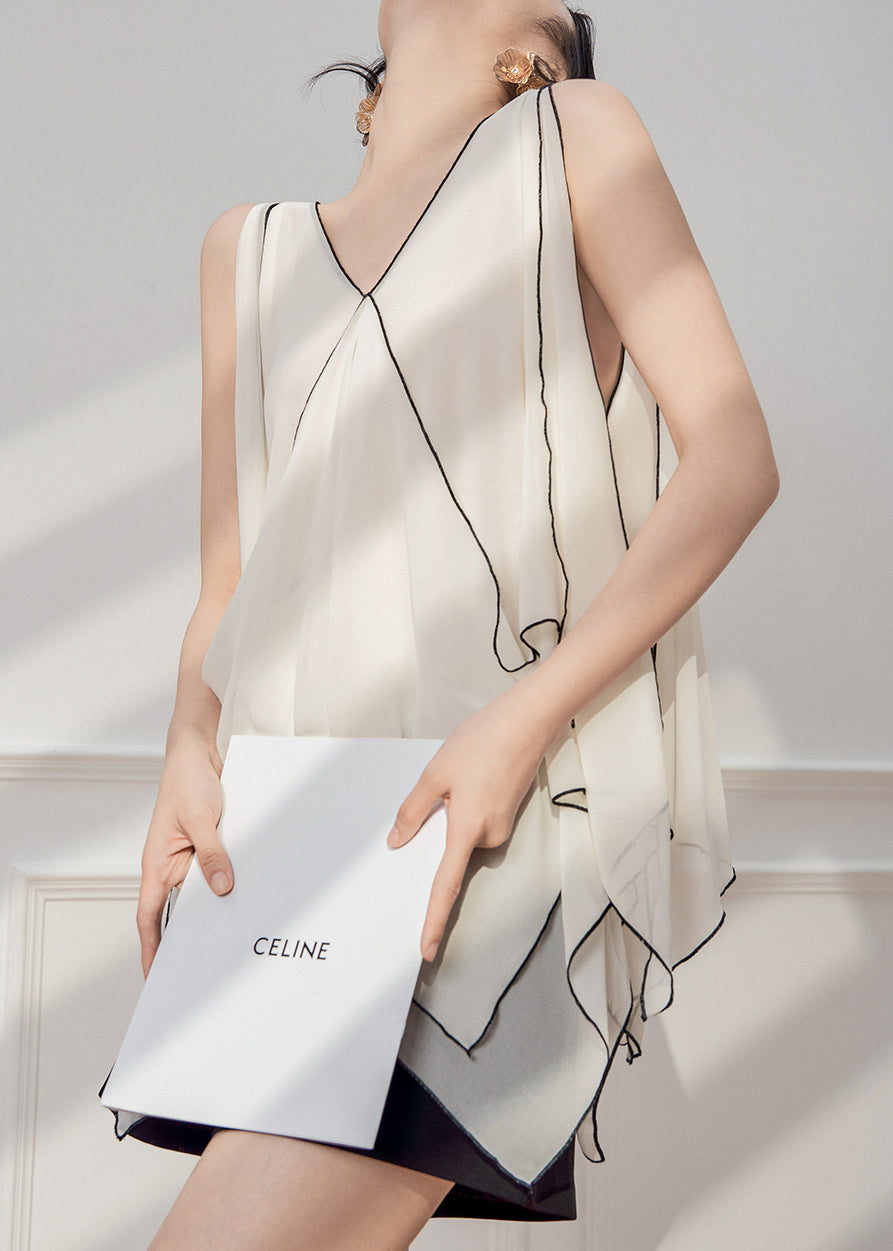 White Asymmetrical Sleeveless French Tops Chiffon Patchwork FashionChic